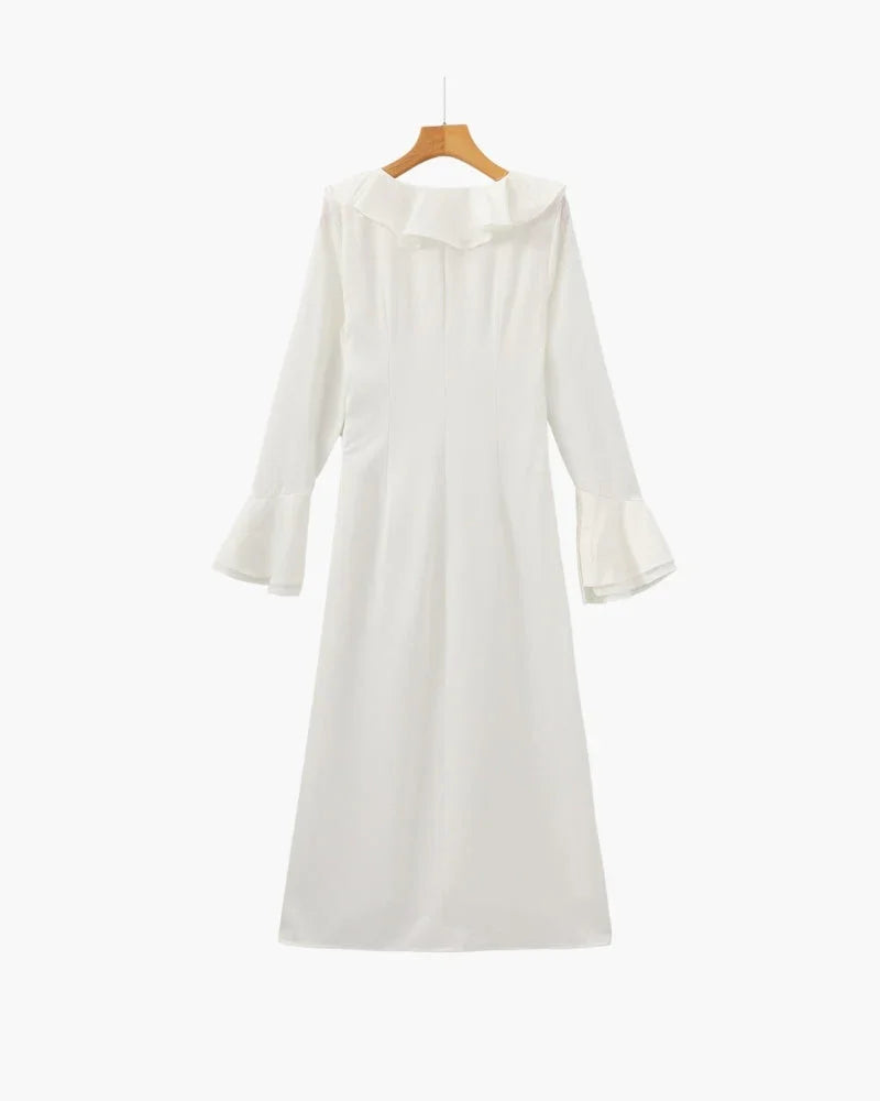 Pearl Button Ruffle Midi Dress