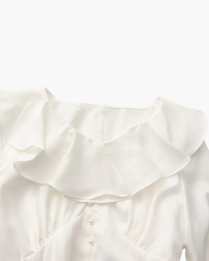 Pearl Button Ruffle Midi Dress
